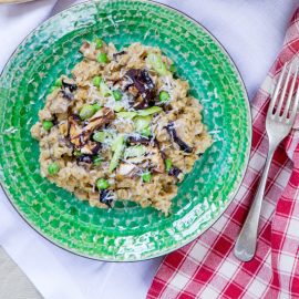 Wild Mushroom and Pea Oatmeal Risotto with Shaved Pecorino Cheese