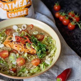 Oat Broth with Honey Soy Salmon
