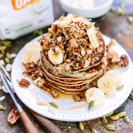 Oatmeal Banana Pancakes with Cardamom, Pecans, Coconut and Maple Syrup