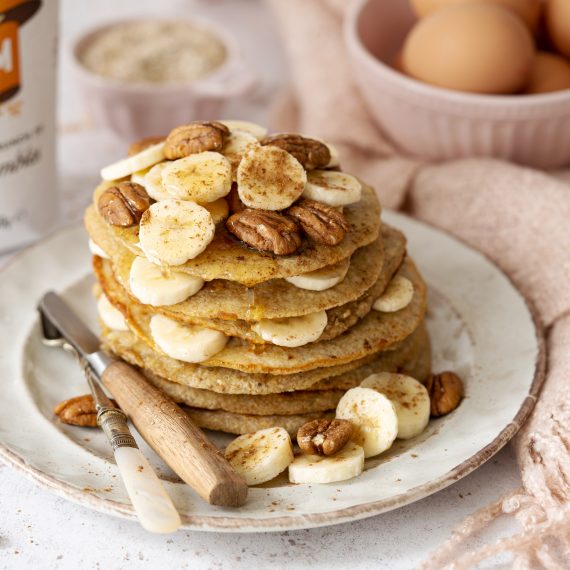 Oatmeal Banana Pancakes with Cardamom, Pecans, Coconut and Maple Syrup