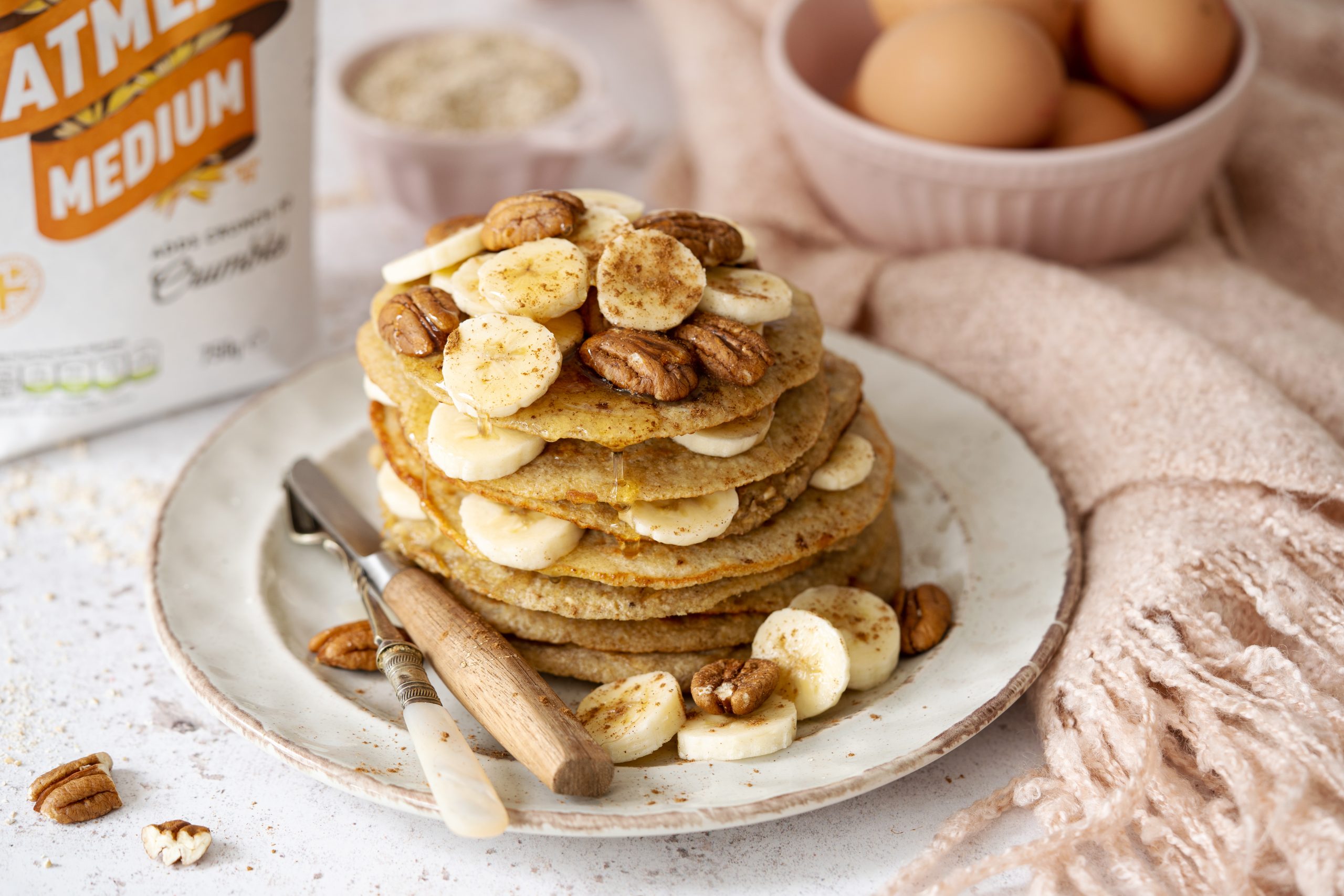 Oatmeal Banana Pancakes with Cardamom, Pecans, Coconut and Maple