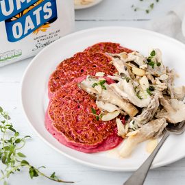 Beetroot Pancakes with Creamy Mushrooms and Toasted Almonds