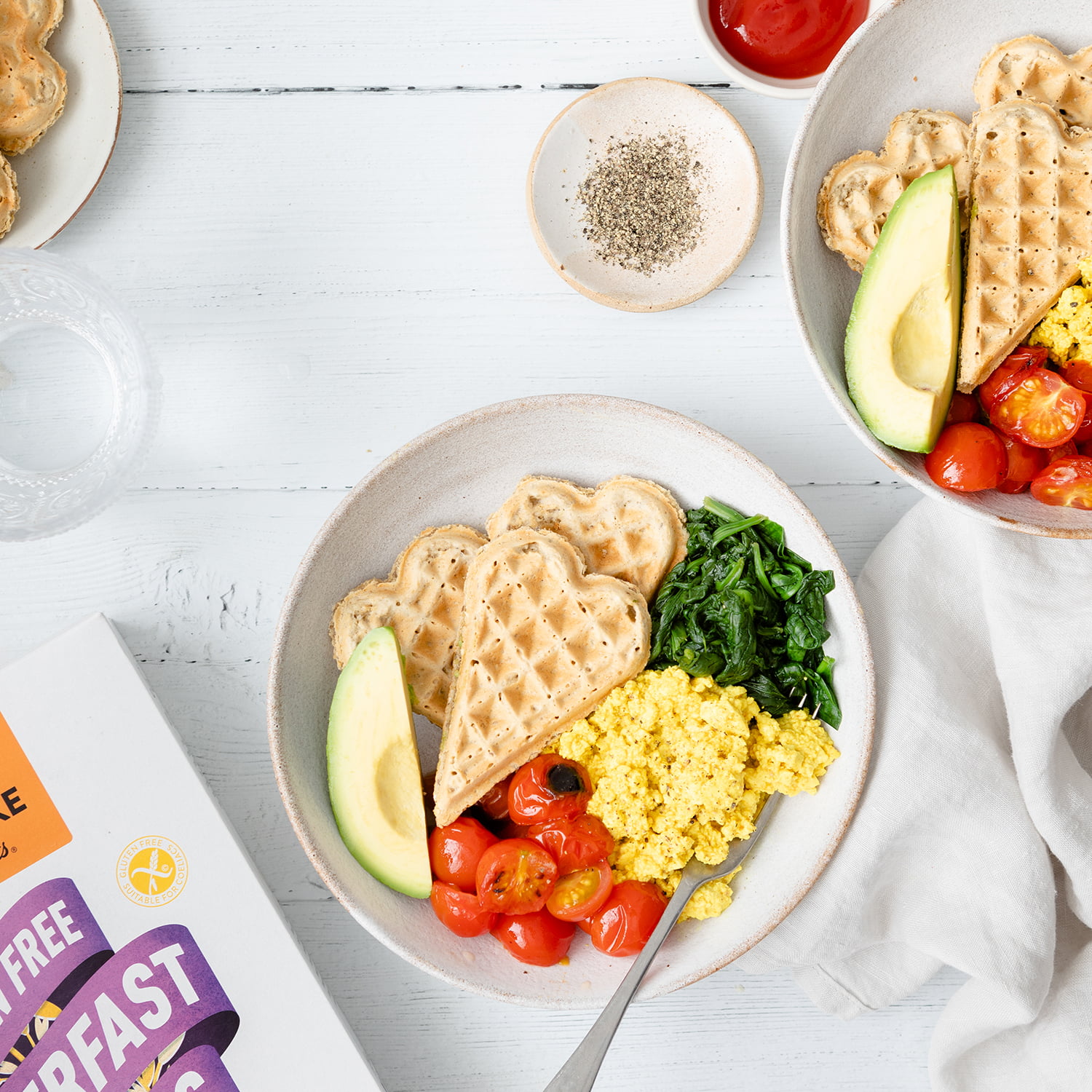 Savoury Breakfast Bowl with Heart Shaped Oat Waffles Recipe from the