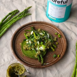 Green Spinach Oat Pancakes with Peas, Spring Onion, Asparagus