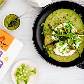 Green Spinach Oat Pancakes with Peas, Spring Onion, Asparagus