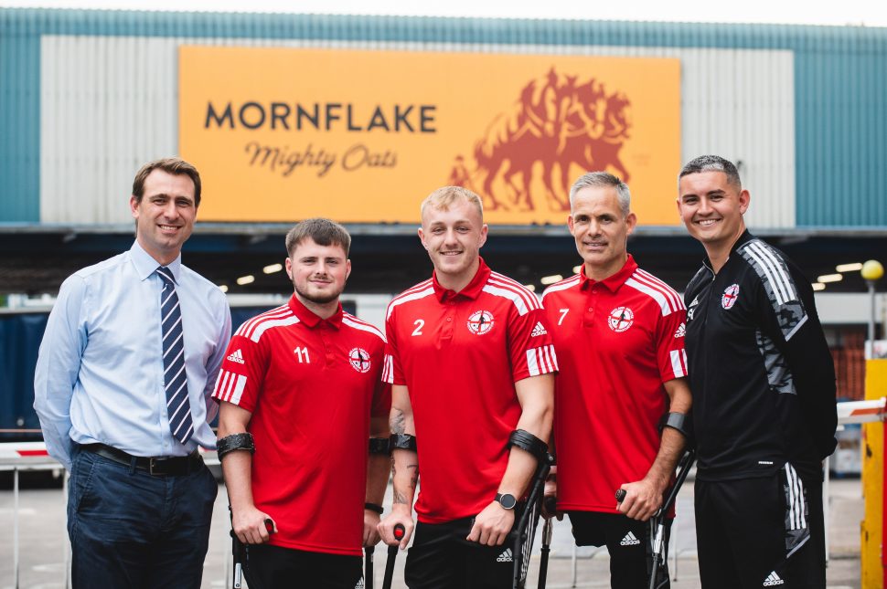 Mornflake managing director James Lea meets England Amputee Football Association manager Owen Coyle, team captain Dave Tweed, midfielder Rhyce Ramsden and defender Sean Jackson