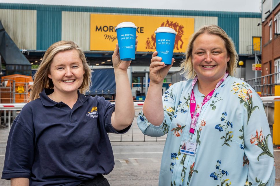 Sophie Taylor, Sponsorship and Grants Officer for RJAH Charity and Charlotte Gribbin with the new named cups circulated round the hospital