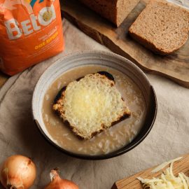 French Onion Soup With Oat Bran Loaf Cheesy Croutons
