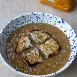 French Onion Soup With Oatbran Loaf Cheesy Croutons