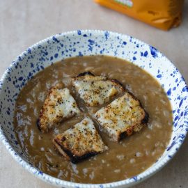 French Onion Soup With Oat Bran Loaf Cheesy Croutons